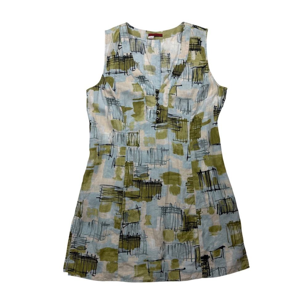 Tape Measure 100% Linen Abstract Print Sleeveless Shift Dress Size 14 Y2K